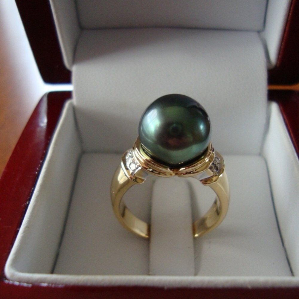 18K Yellow White Gold 11MM Tahitian Black Pearl Diamonds Ring 10.3 Grams Sz 8
